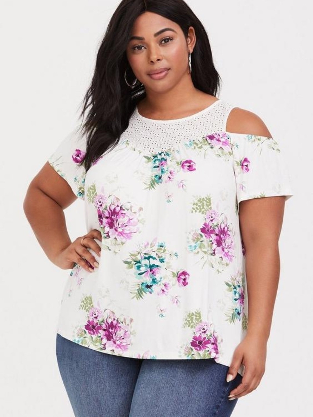 Brand New Torrid White Floral Cold-Shoulder Eyelet Yoke Blouse Size 5